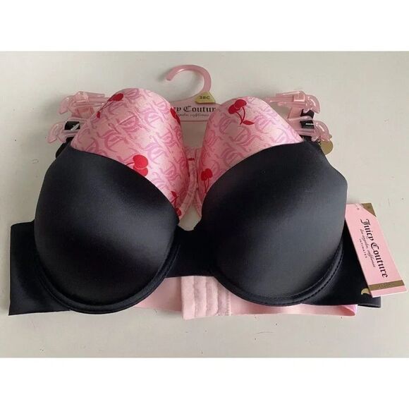 2 Pack Juicy Couture Bra SEXY Push Up JC6965 Cherries Logo Pink Black Sz 38C NEW - Picture 1 of 8